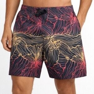 Joe Boxer Board Shorts Mens 38 Black Red Floral Hibiscus Swim Trunks Beach New